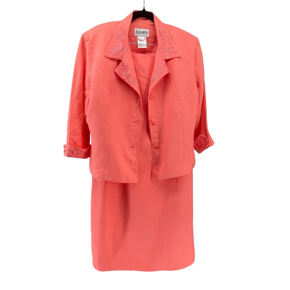 Plaza South Womens Coral Pink Linen Blend Embroidered Skirt Suit Set Size 16